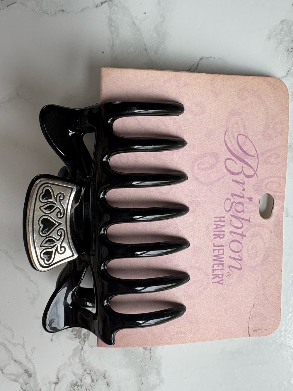 BRIGHTON 90s Large Black Claw Clip Silver tone HEARTS Made In France